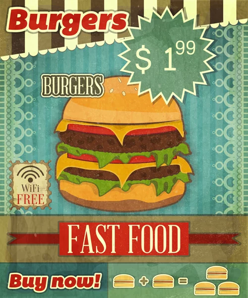 Grunge Cover for Fast Food Menu - hamburger on vintage background with place for price and sign of free Wi-Fi- vector illustration