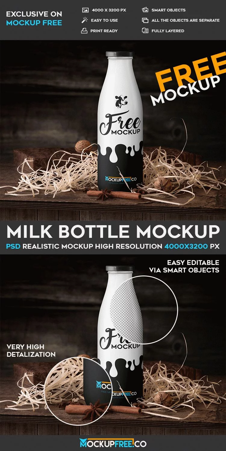 Free Glass Milk Bottle Mockup (PSD)