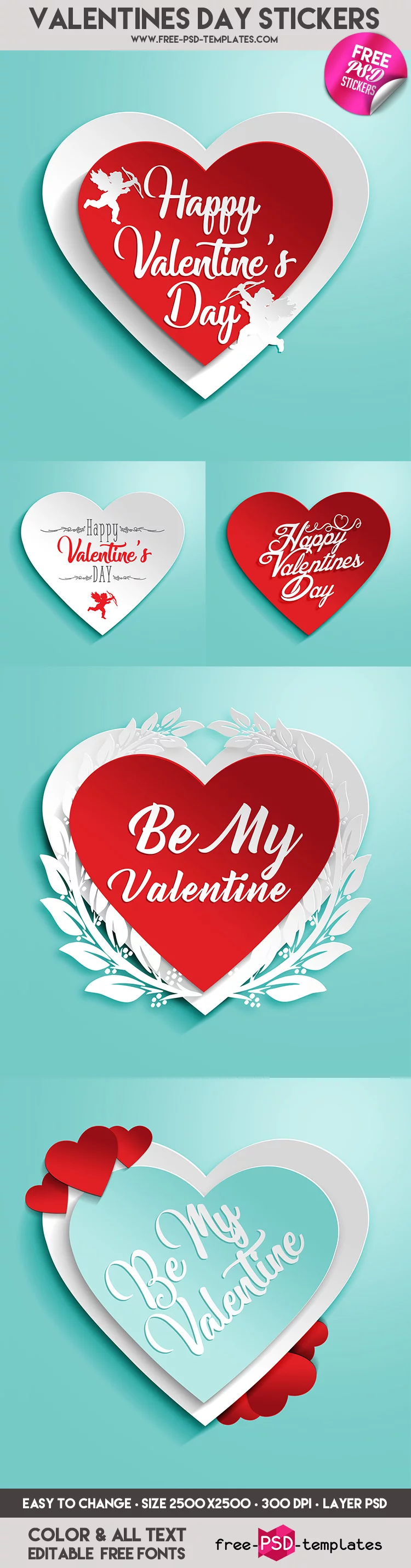 FREE 5 Valentine’s Day Stickers IN PSD