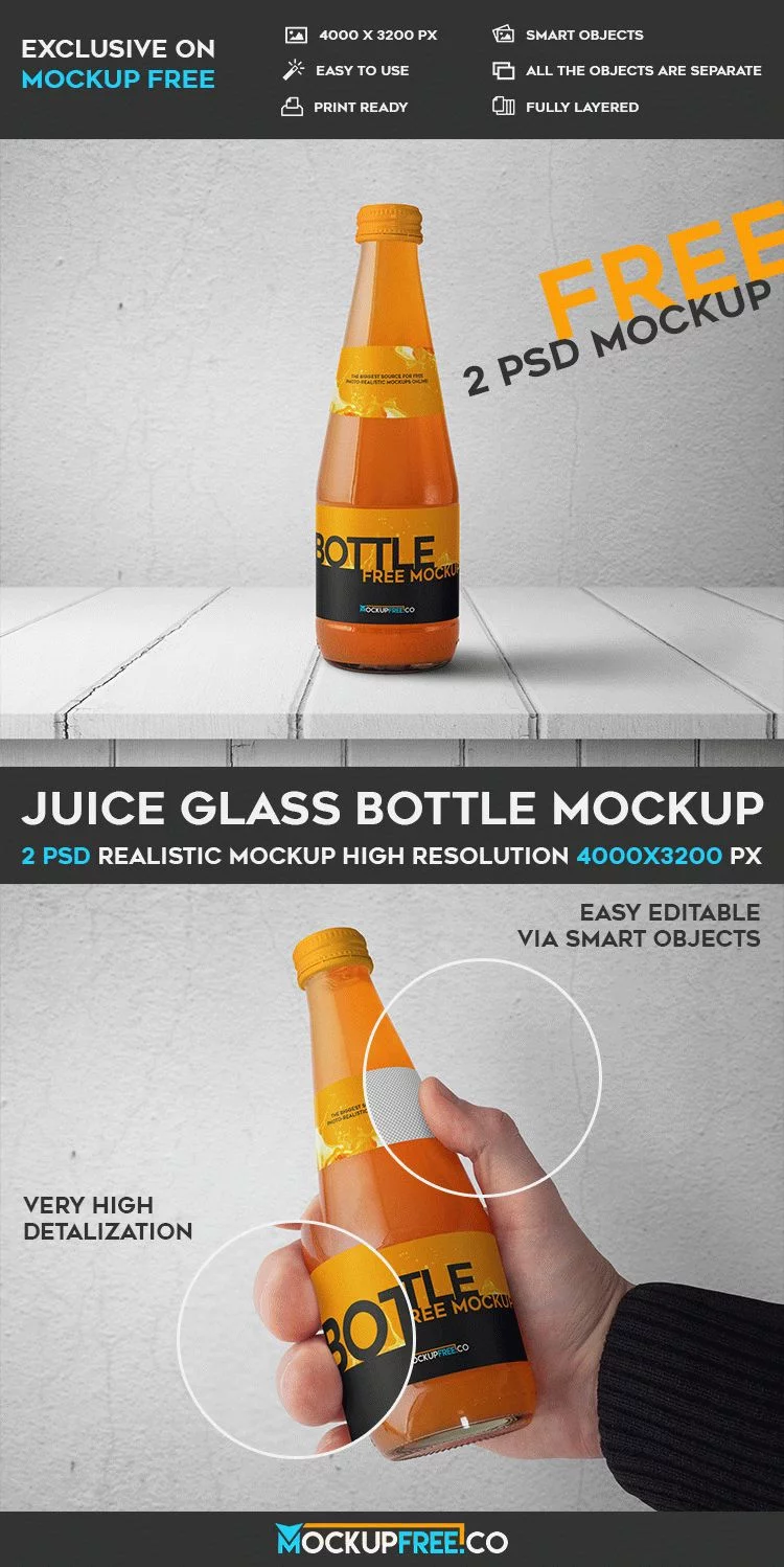 Free Glass Juice Bottle Mockups