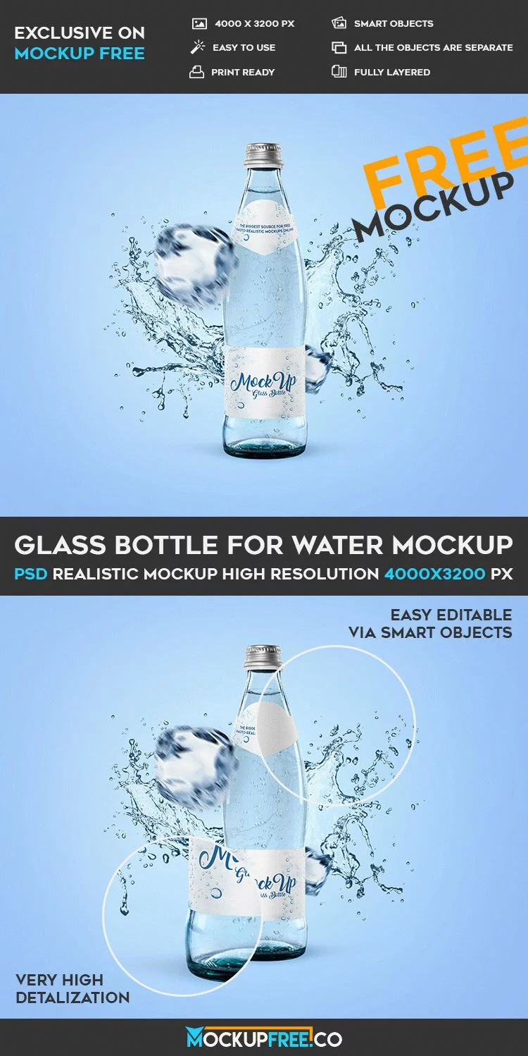 Glass bottle with mineral water mockup