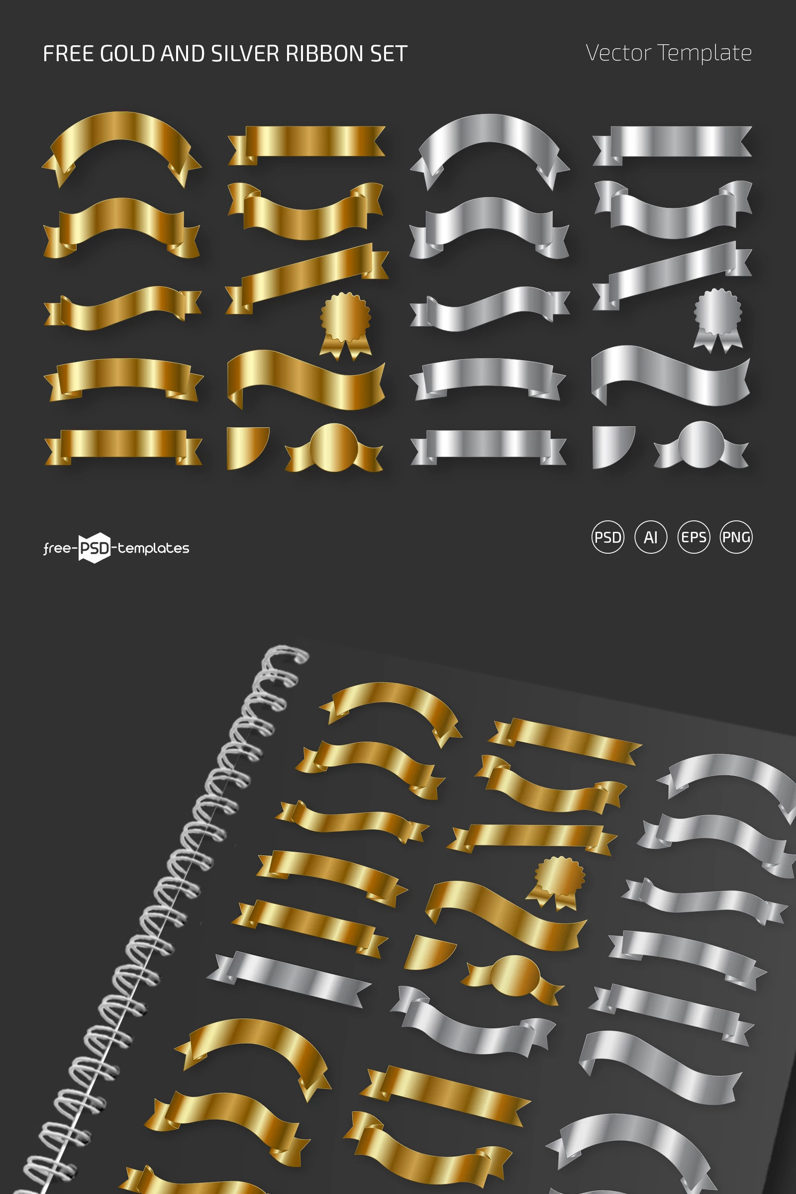 Free Gold and Silver Ribbon Set (PSD + Vector)