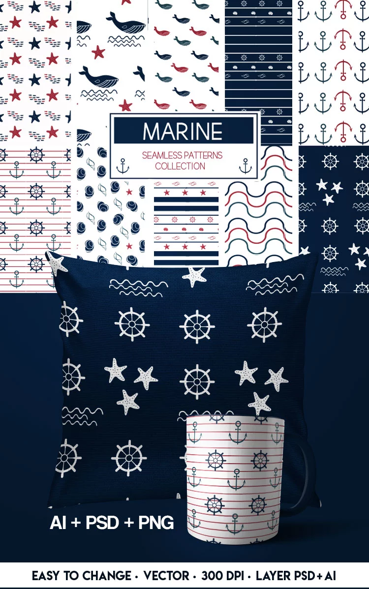 Free Marine Seamless Pattern Vector Collection
