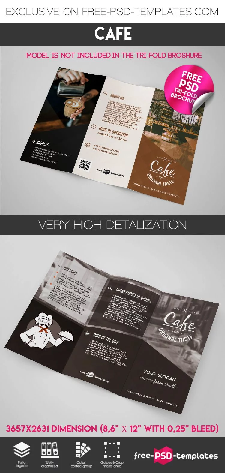 Free Cafe Tri-Fold Brochure in PSD