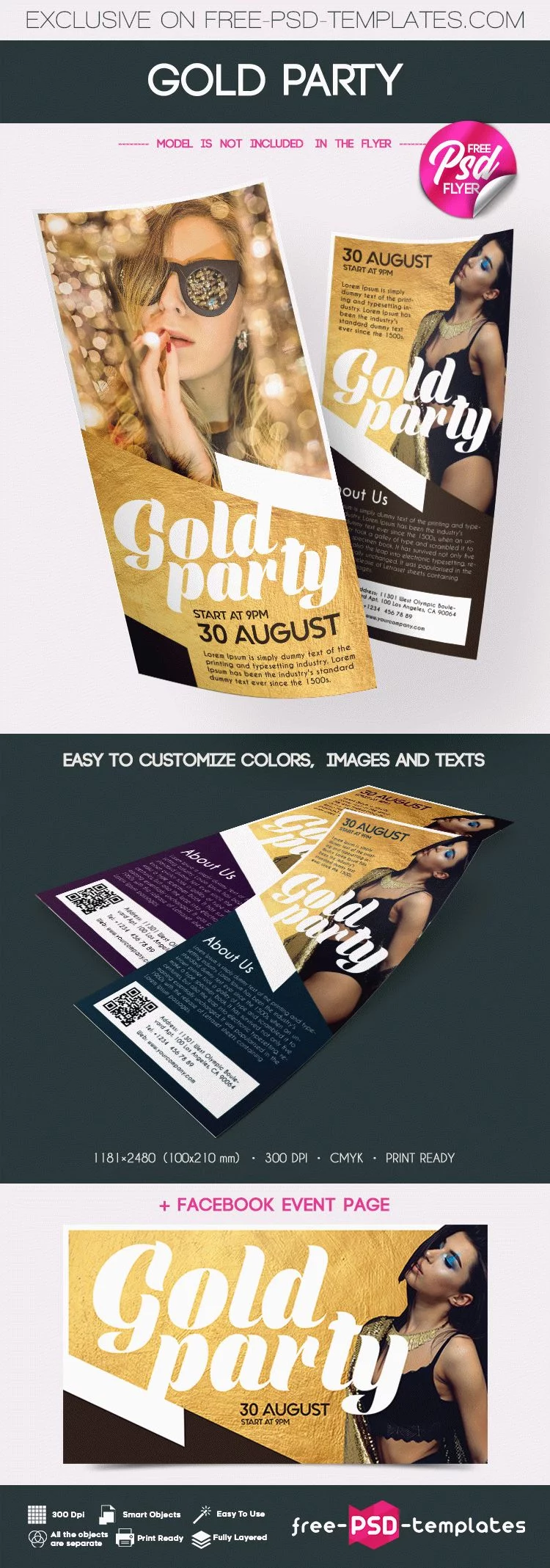Free Gold Party DL Flyer in PSD