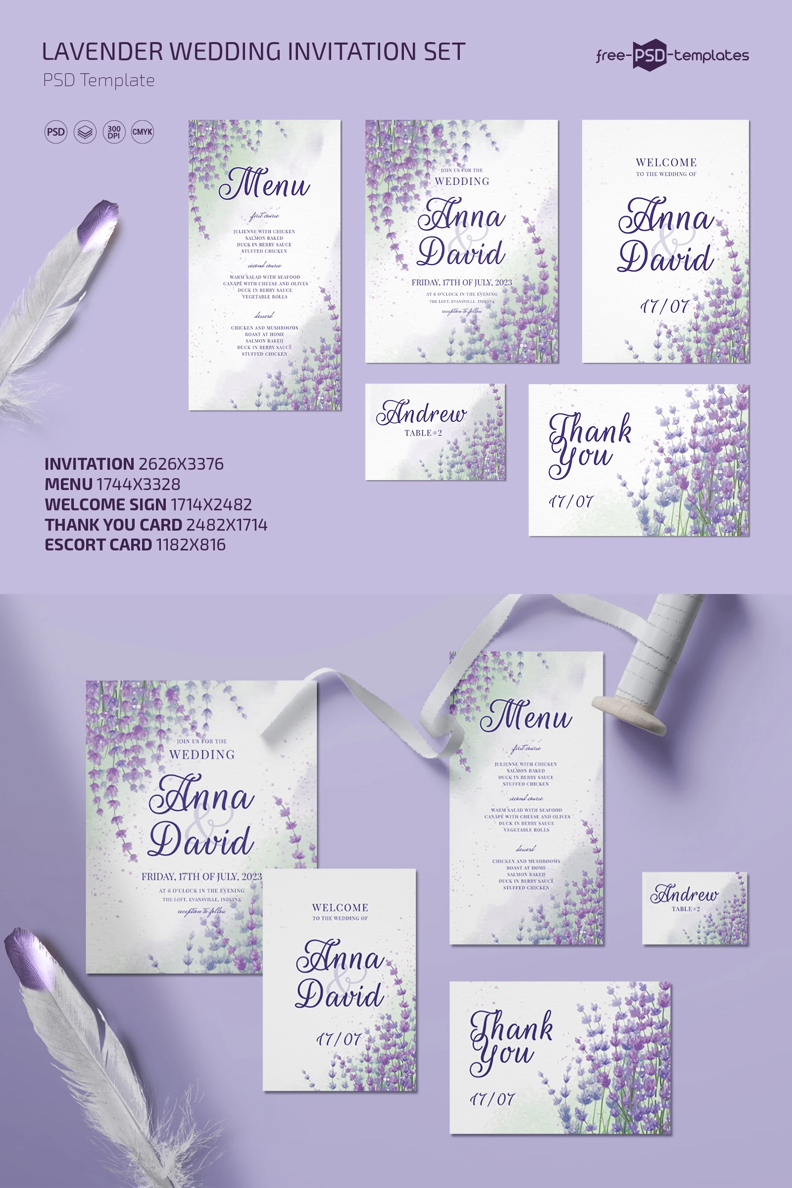 Free Lavender Wedding Invitation Set Free PSD Templates