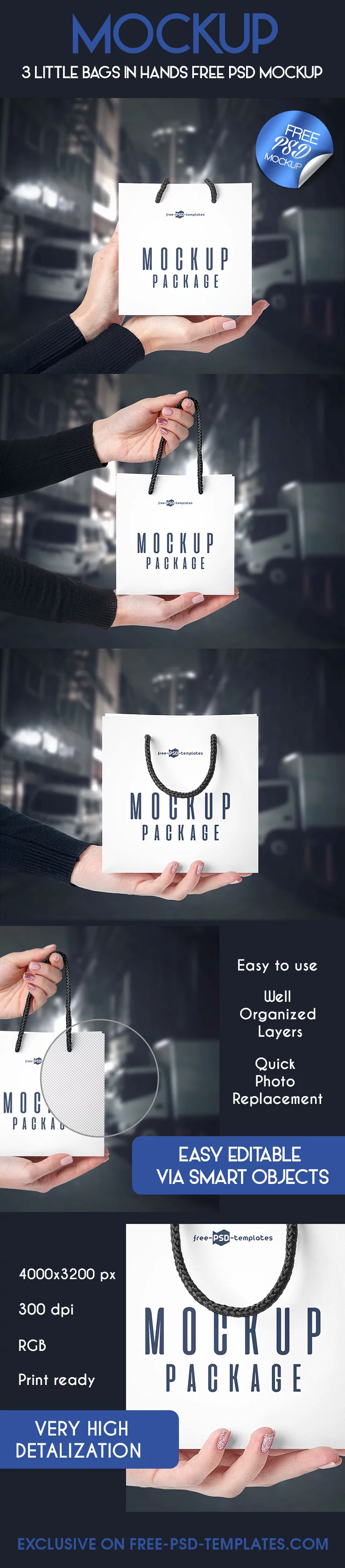 3 Little Bags in Hands Free PSD Mockup