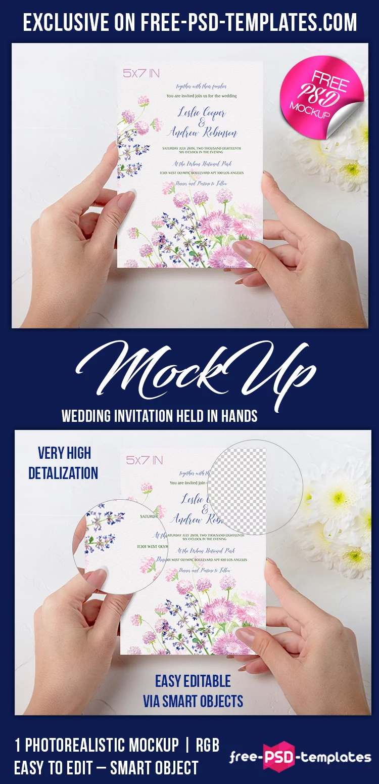 Free Wedding Invitation held in Hands Mock-up in PSD
