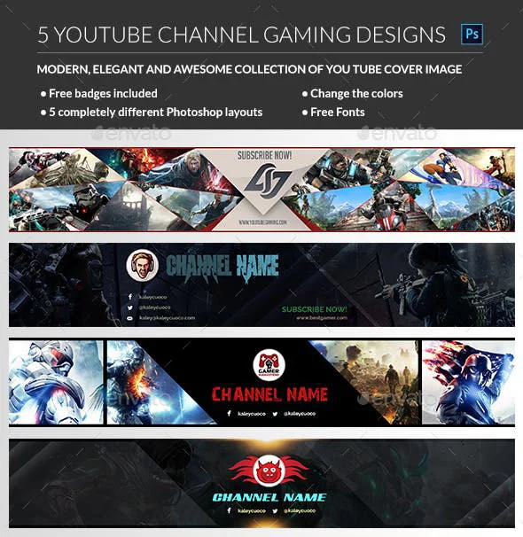 3D Gaming Banner Design Template, Free Channel Art PSD