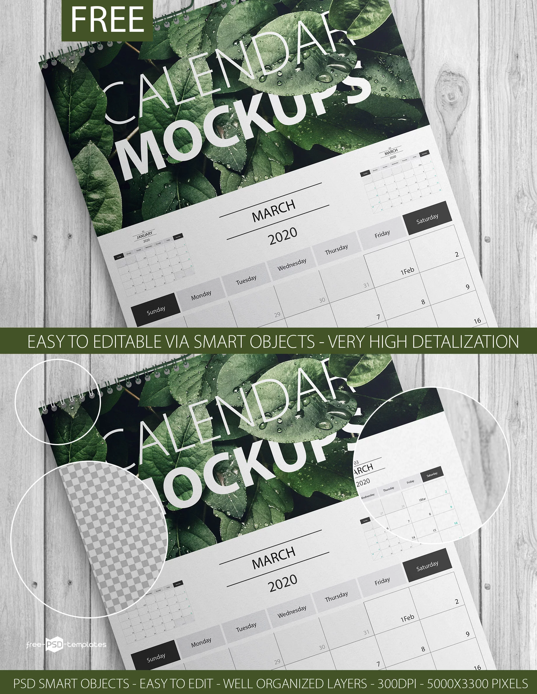 Free Wall Calendar PSD Mockup + Premium Version