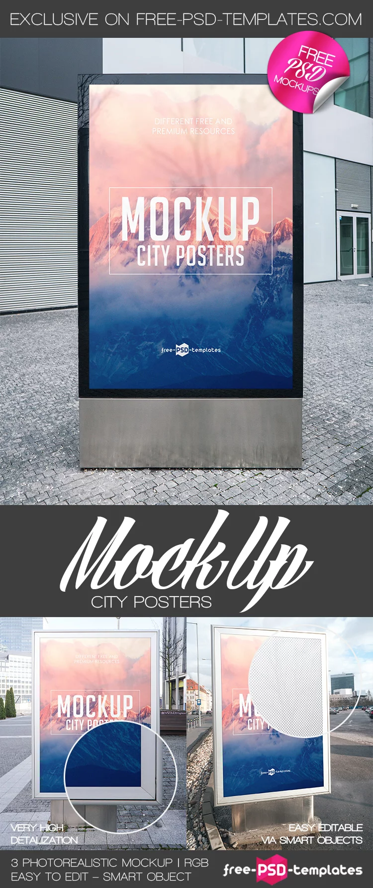 3 Free City Posters Mock-ups in PSD