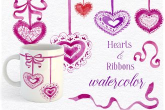 Free Watercolor Hearts and Ribbons