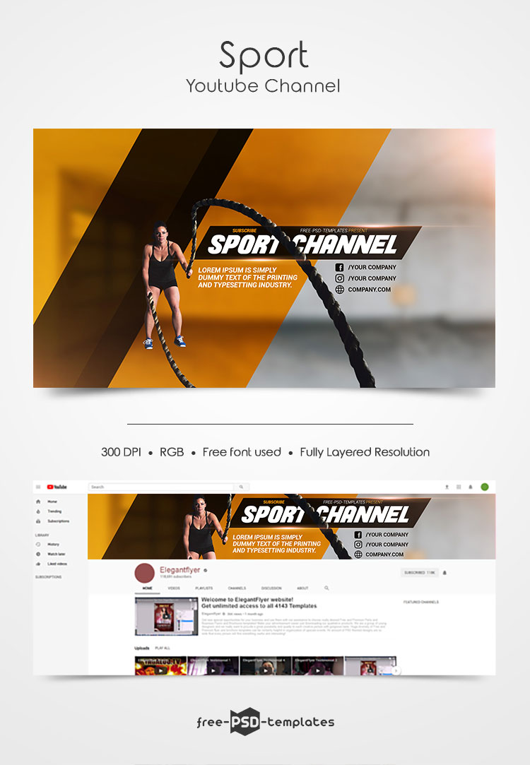 Free Sport YouTube Channel Banner  Free PSD Templates Throughout Sports Banner Templates