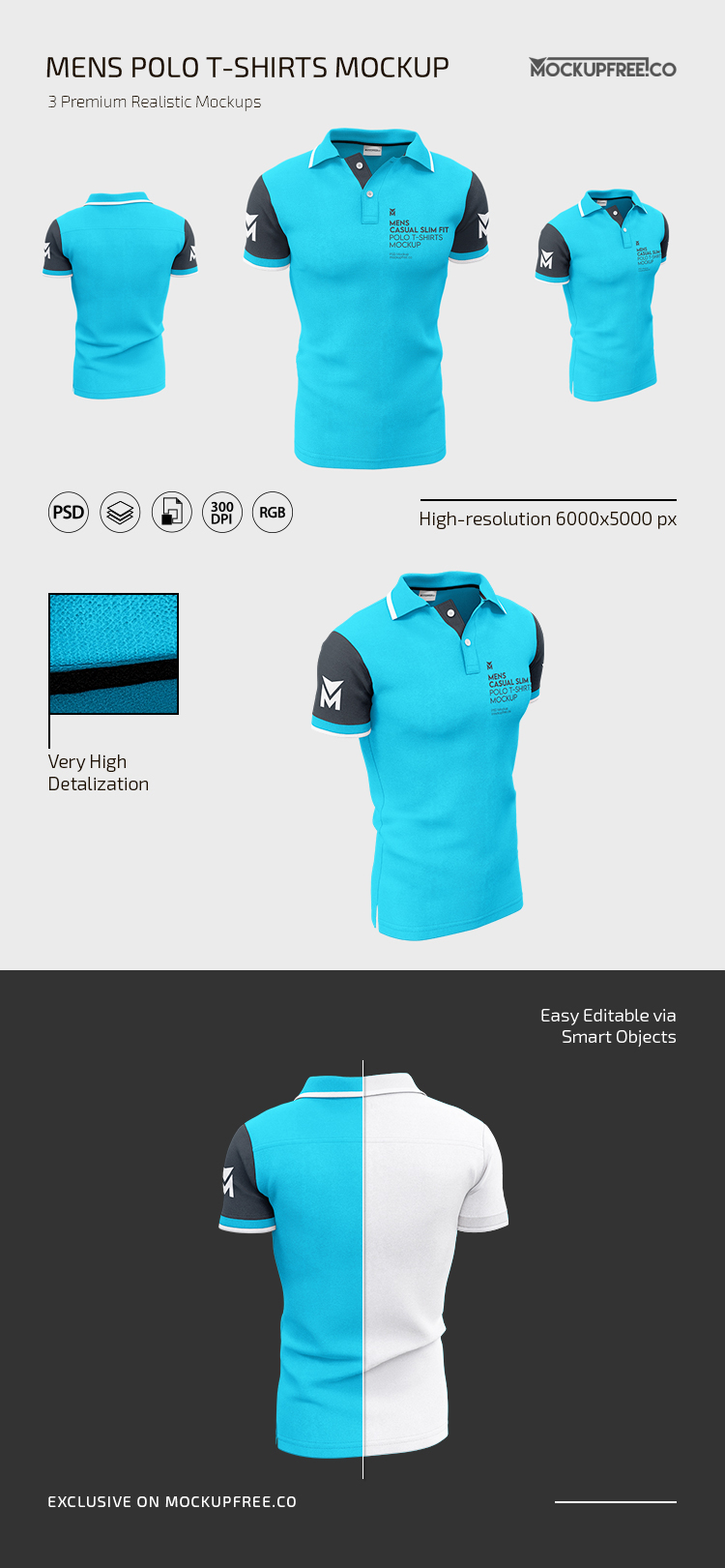 Mens Casual Polo T-Shirts MockUp Set – Free PSD Templates, image size:750x1621