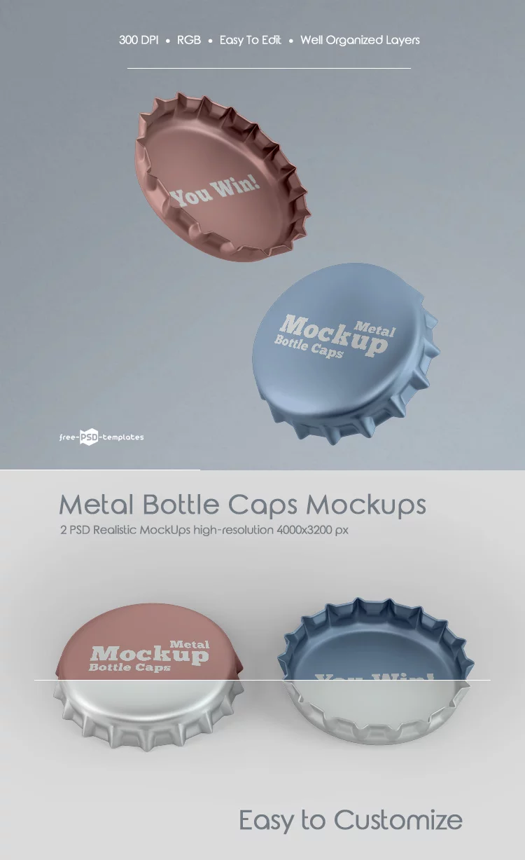 2 Free Metal Bottle Caps Mock-ups in PSD