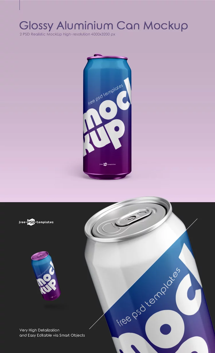 2 Free Glossy Aluminium Can Mock-ups in PSD