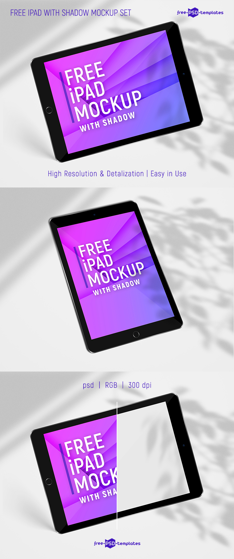  Free  iPad  With Shadow Mockup Set Free  PSD  Templates 