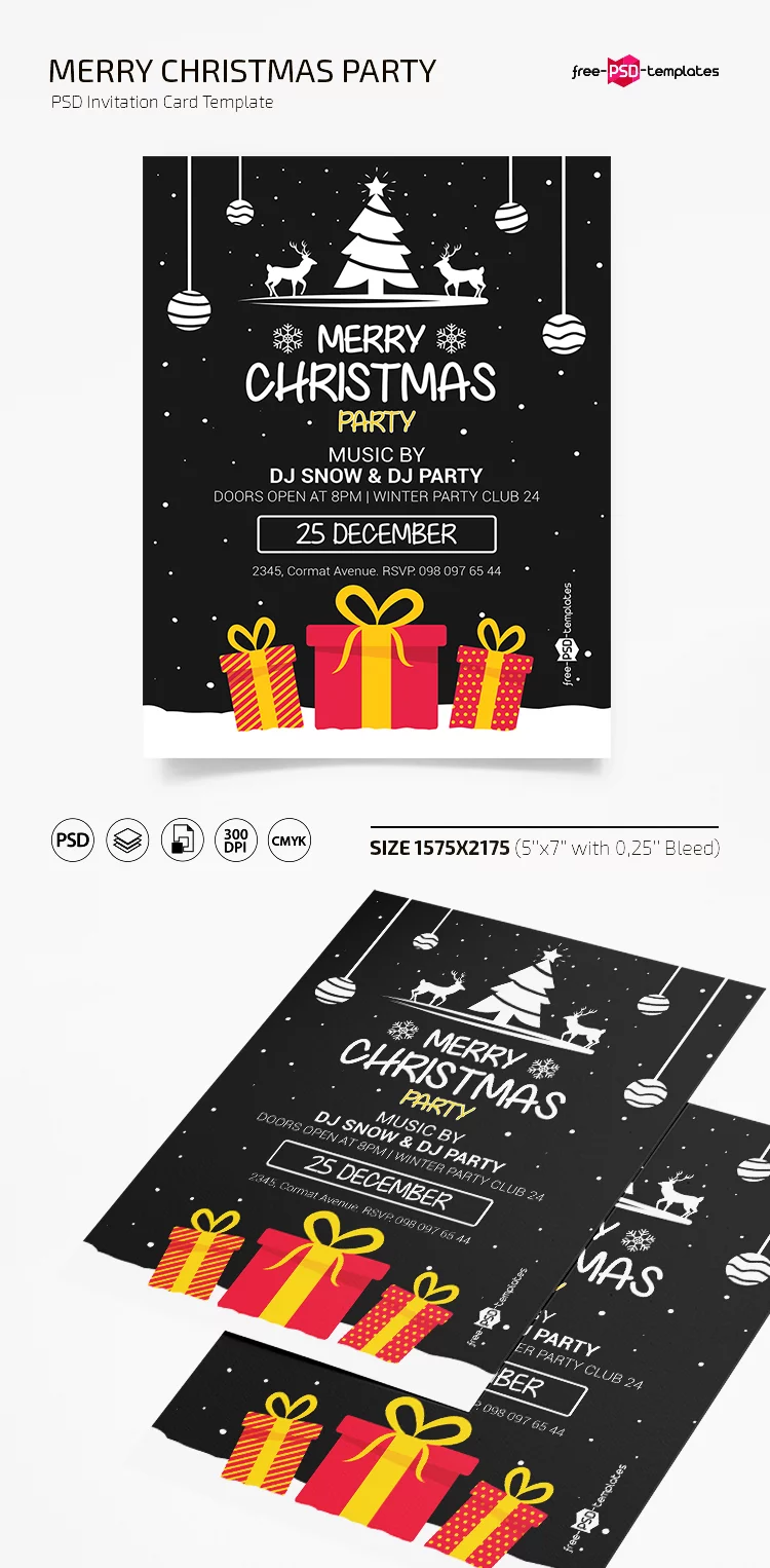 Free Christmas Party Invitation Card Template in PSD