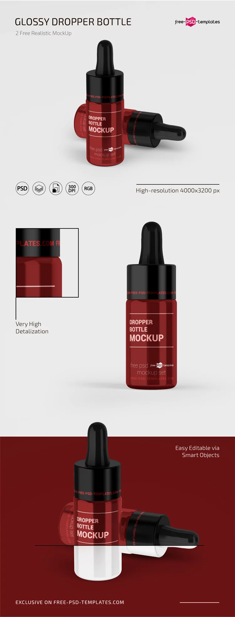 Free Glossy Dropper Bottle PSD Mockup Set