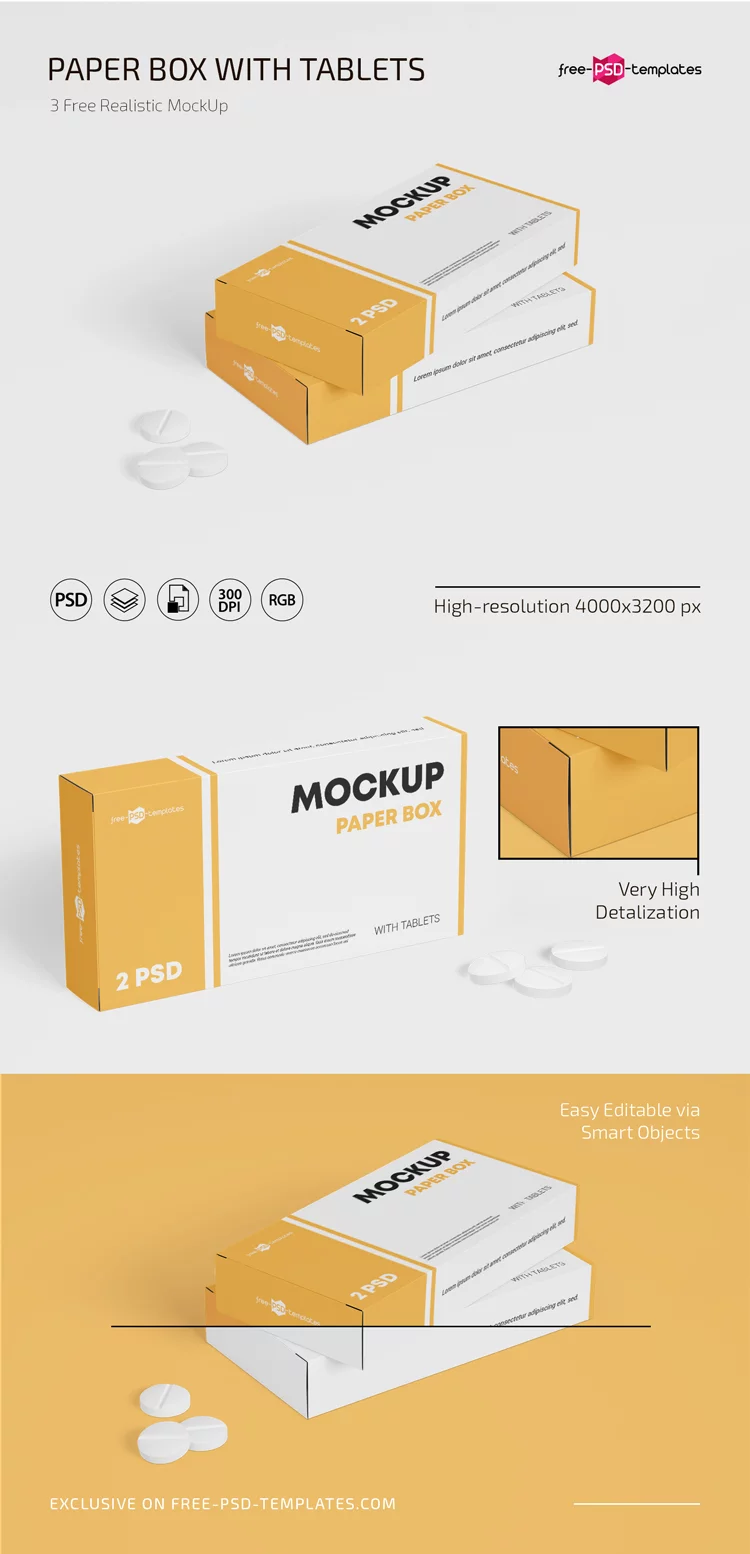 Free PSD Paper Box with Tablets Mockup Set