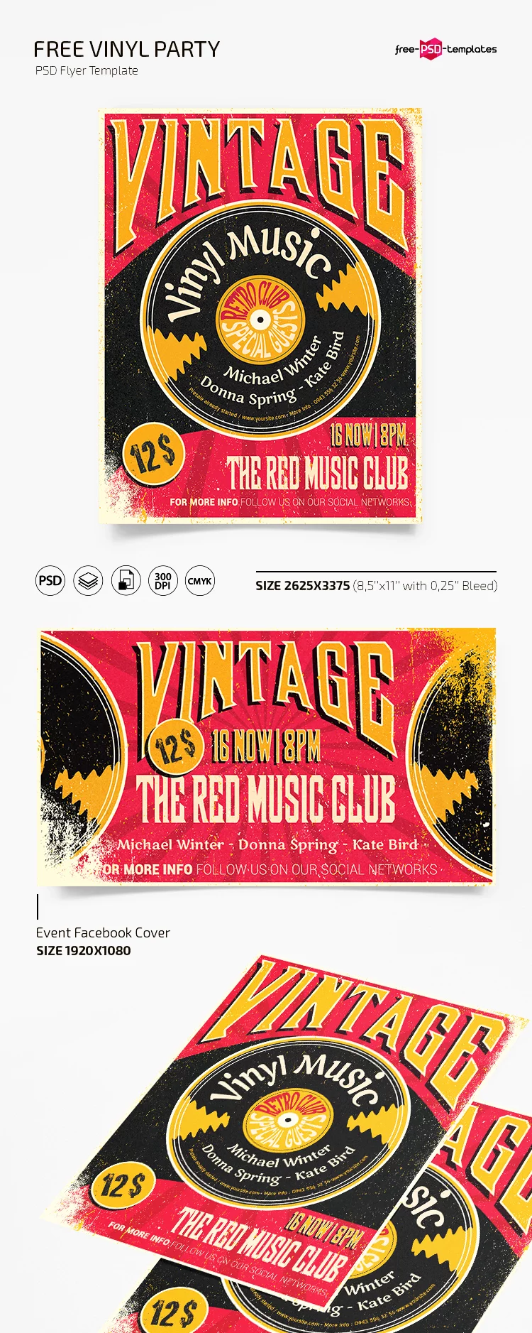 Free Event Flyer Template- Vinyl party (PSD)