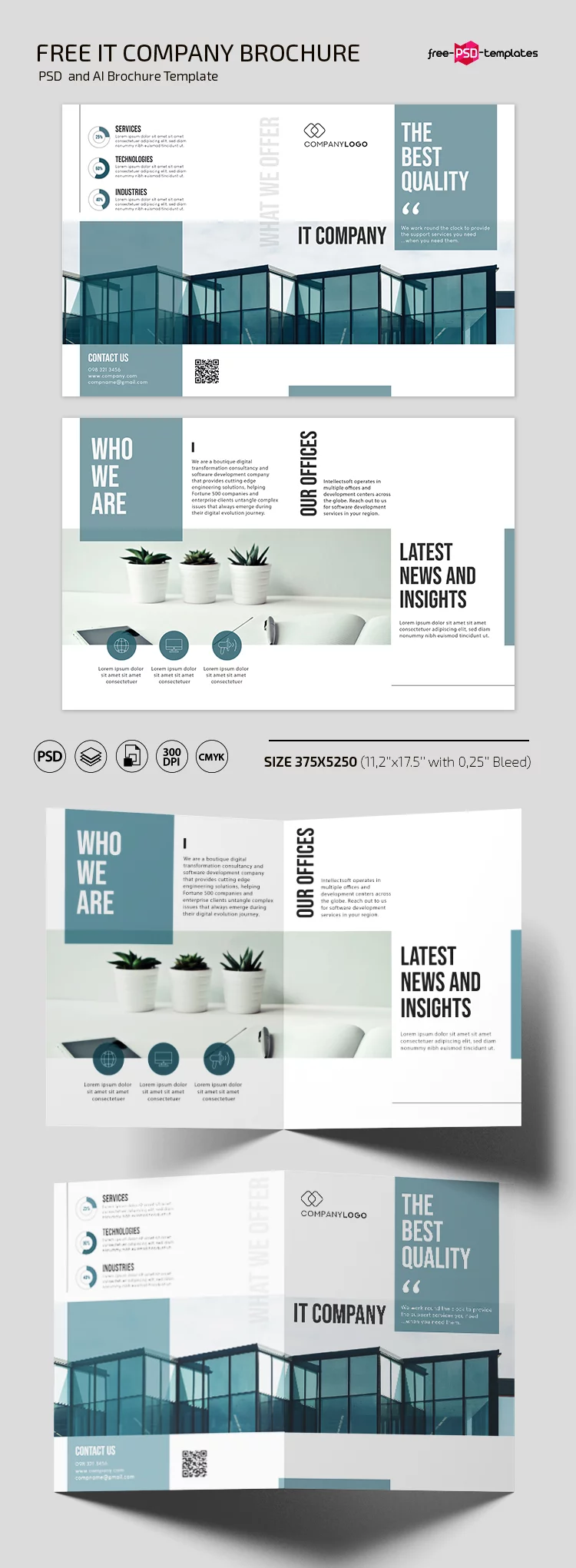 Free IT Company Bi-fold Brochure Template in PSD + AI