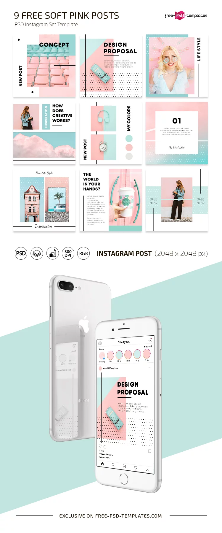 Free Soft Pink Instagram Posts Set Template in PSD