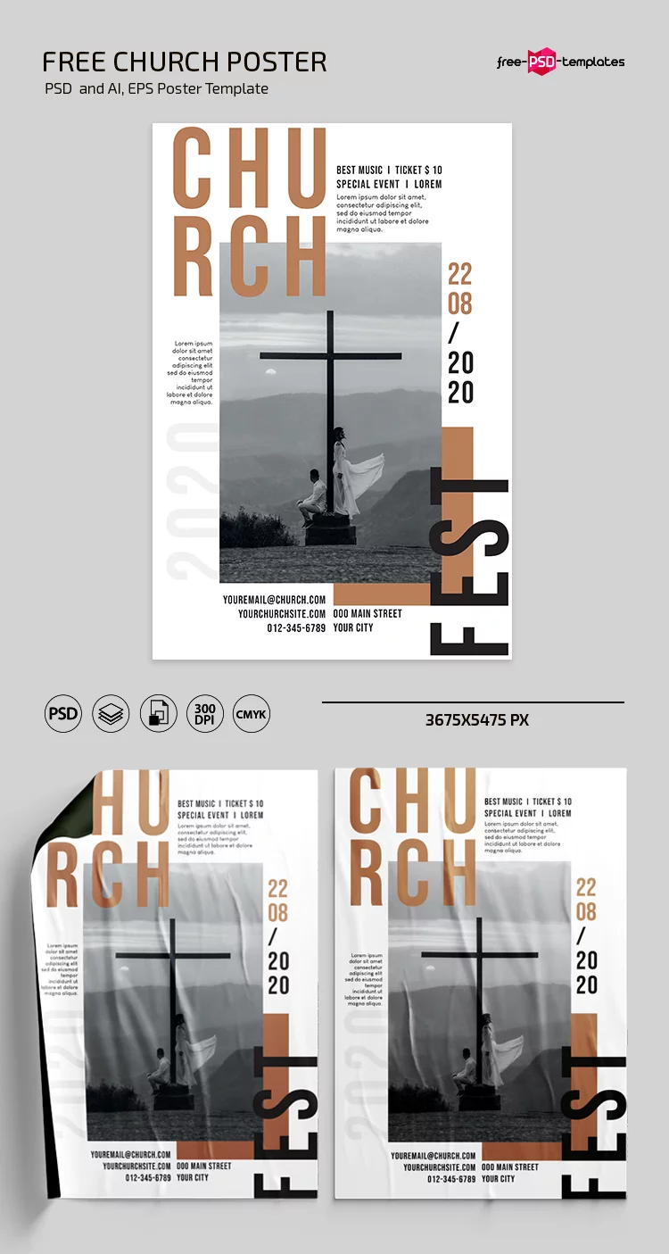 Free church poster template in PSD + AI, EPS