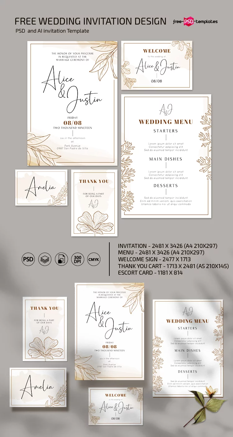 Free Wedding Invitation design Template in PSD + AI