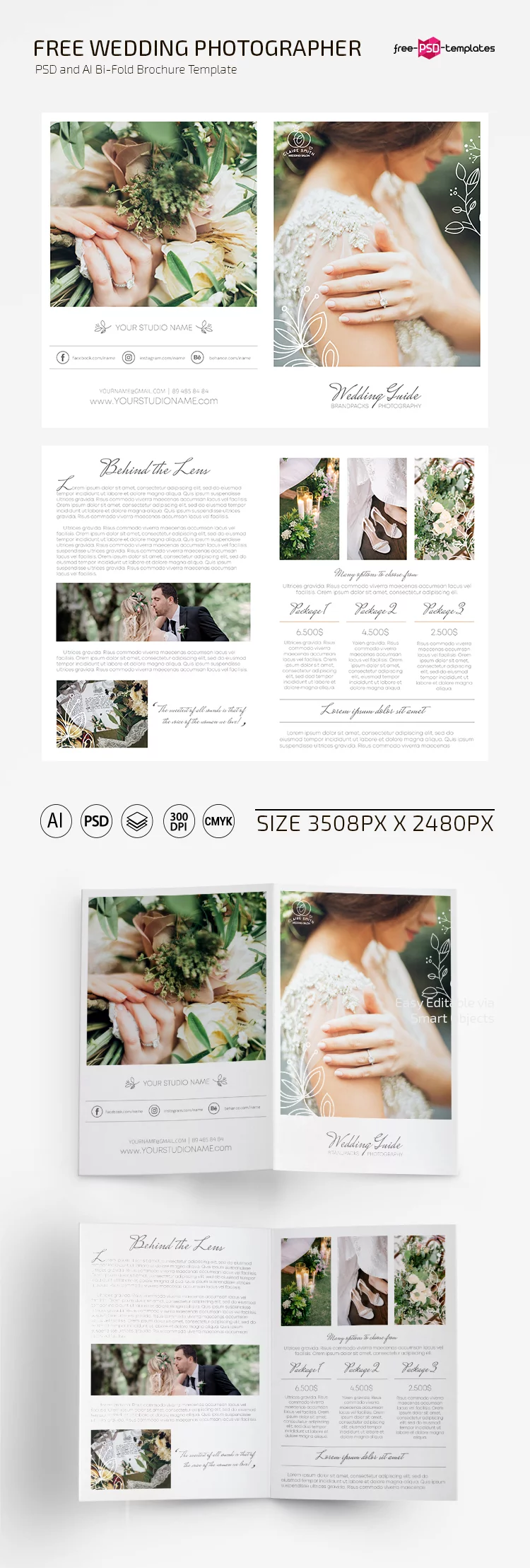 Free Wedding Photographer Bi-fold Brochure Template in PSD + EPS