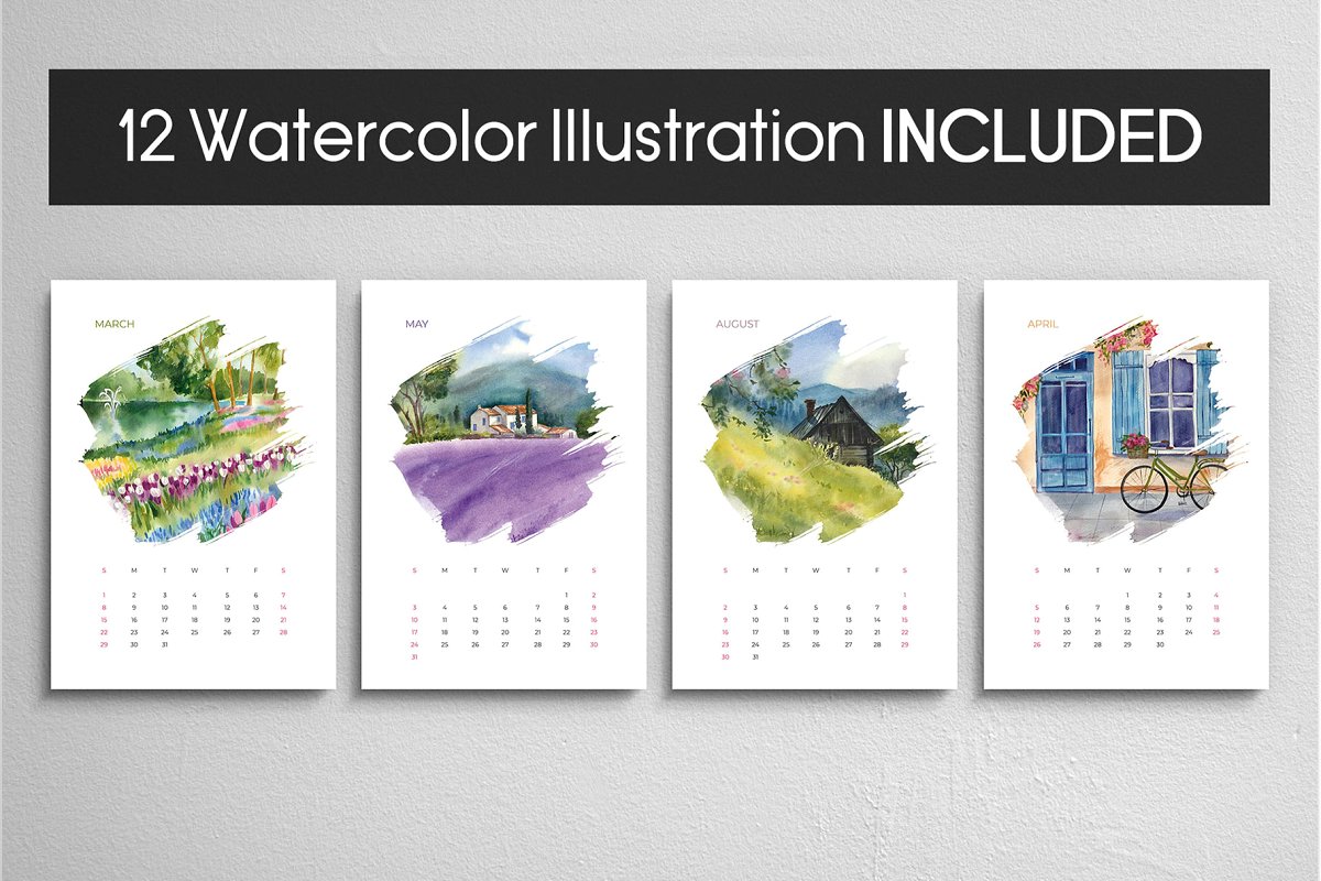 Watercolor Calendar 12 Illustrations Free PSD Templates