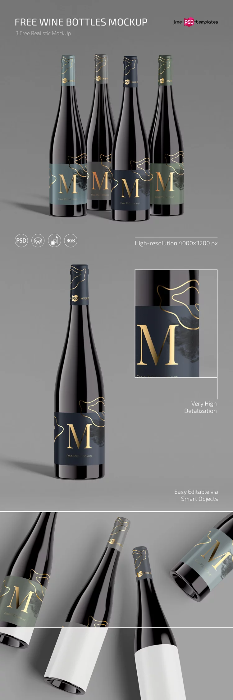 Free Wine Bottle Mockup Set in PSD