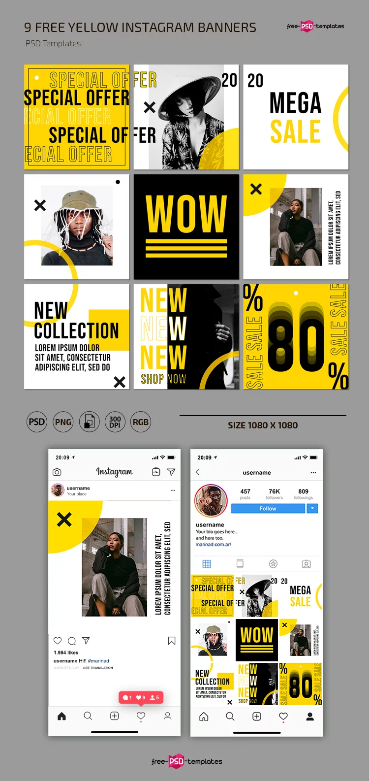 Free Yellow Instagram Posts Template in PSD