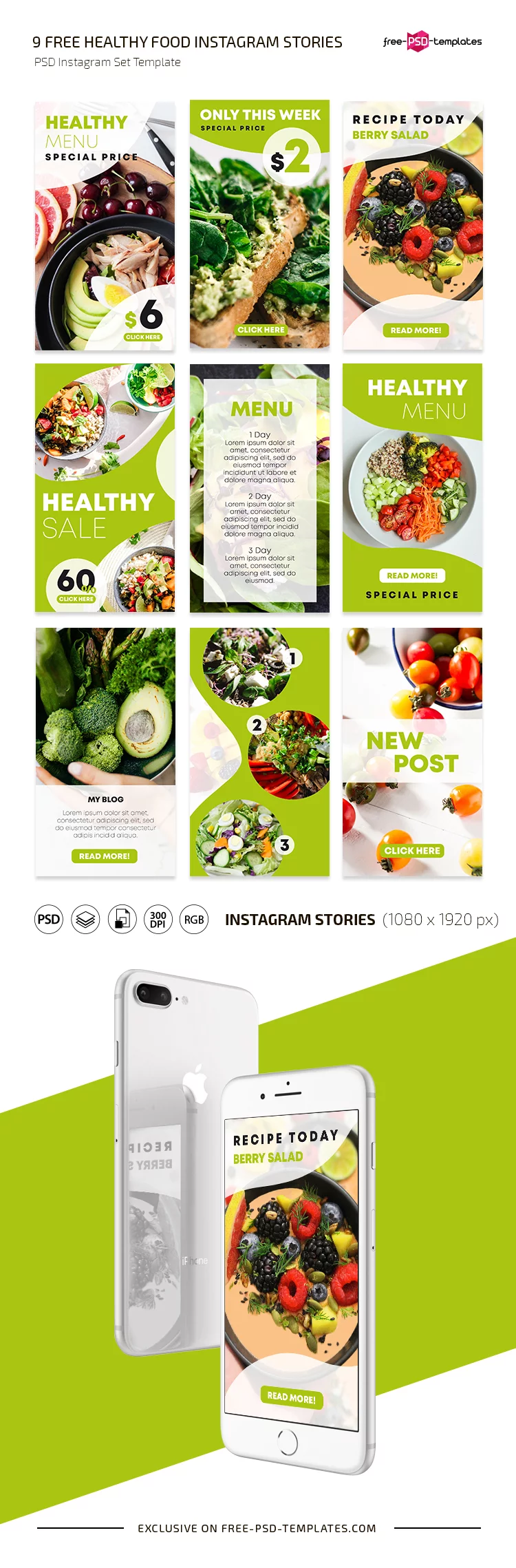 Free Healthy Food Instagram Stories Set Template in PSD