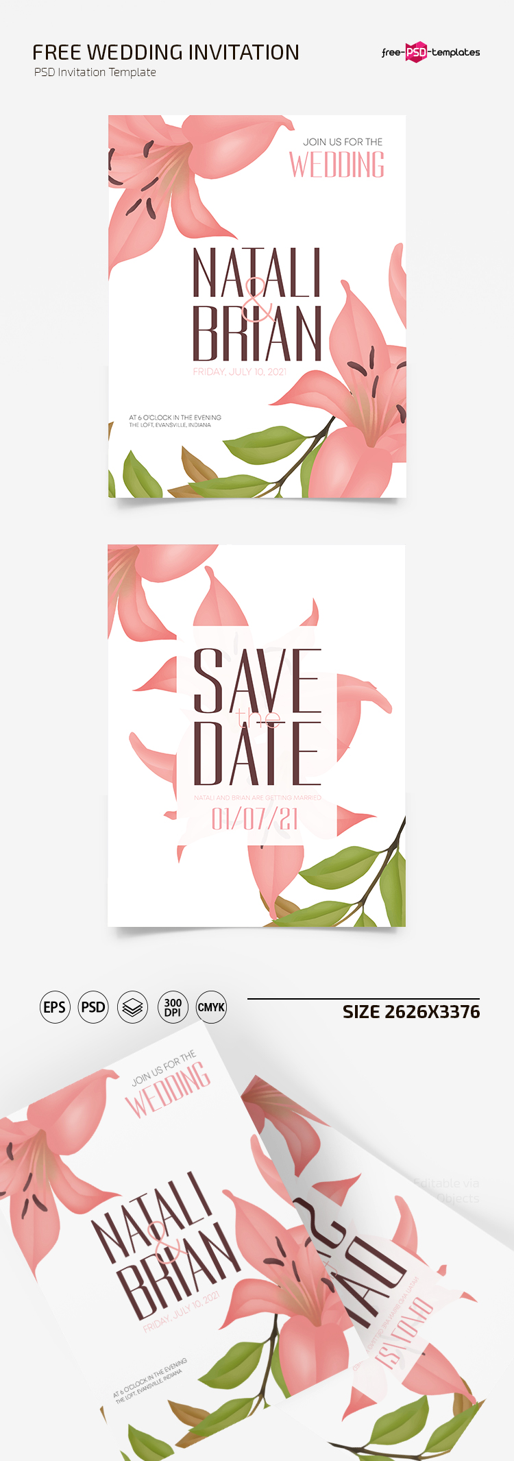 Free Floral Wedding Invitation Set Template Psd