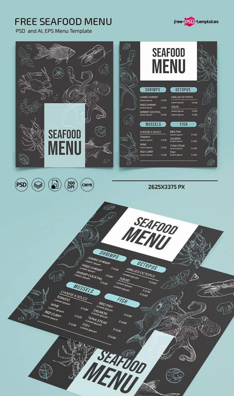 Free Seafood menu template in PSD + Vector (.ai+.eps)