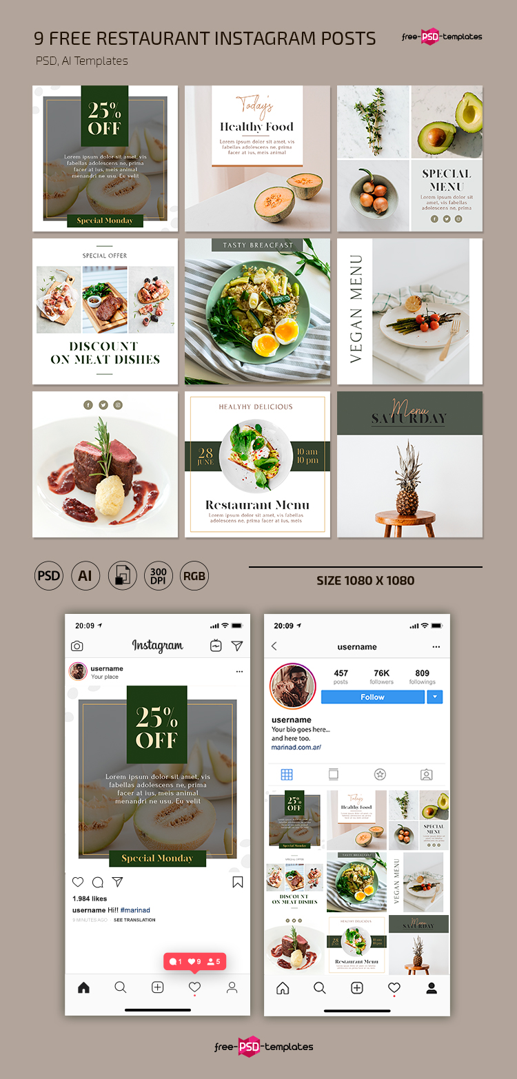 Download Free Restaurant Instagram Posts in PSD + Vector (.ai ...