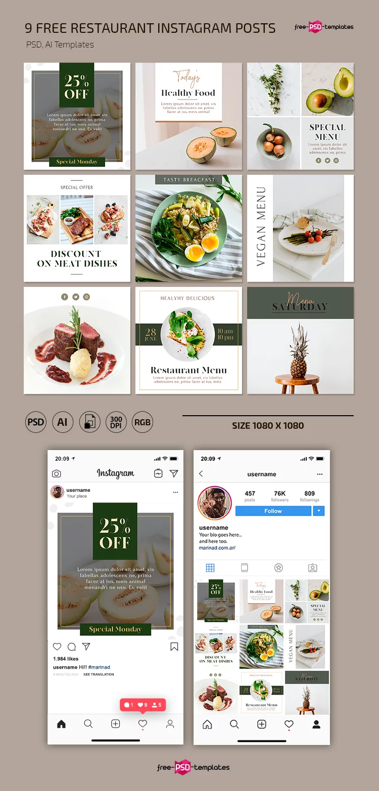 Free Restaurant Instagram Posts in PSD + Vector (.ai)
