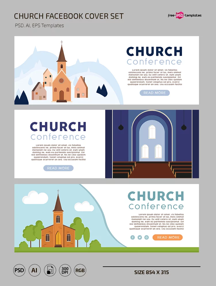 Free Church Facebook cover Set Template in PSD + Vector (.ai)