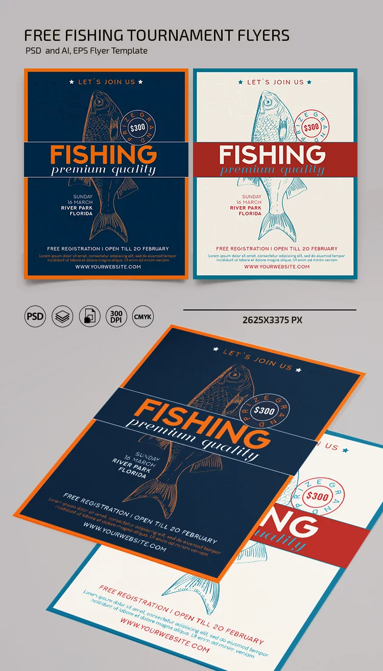 Free fishing tournament Flyer Template in PSD + Vector (.ai, .eps)