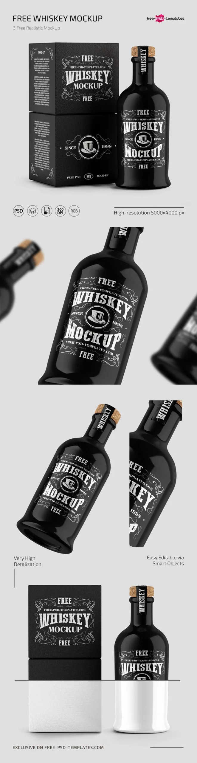 Free Whiskey Bottle with Box Mockups in PSD