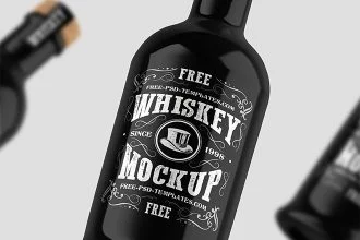 Free Whiskey Bottle with Box Mockups in PSD