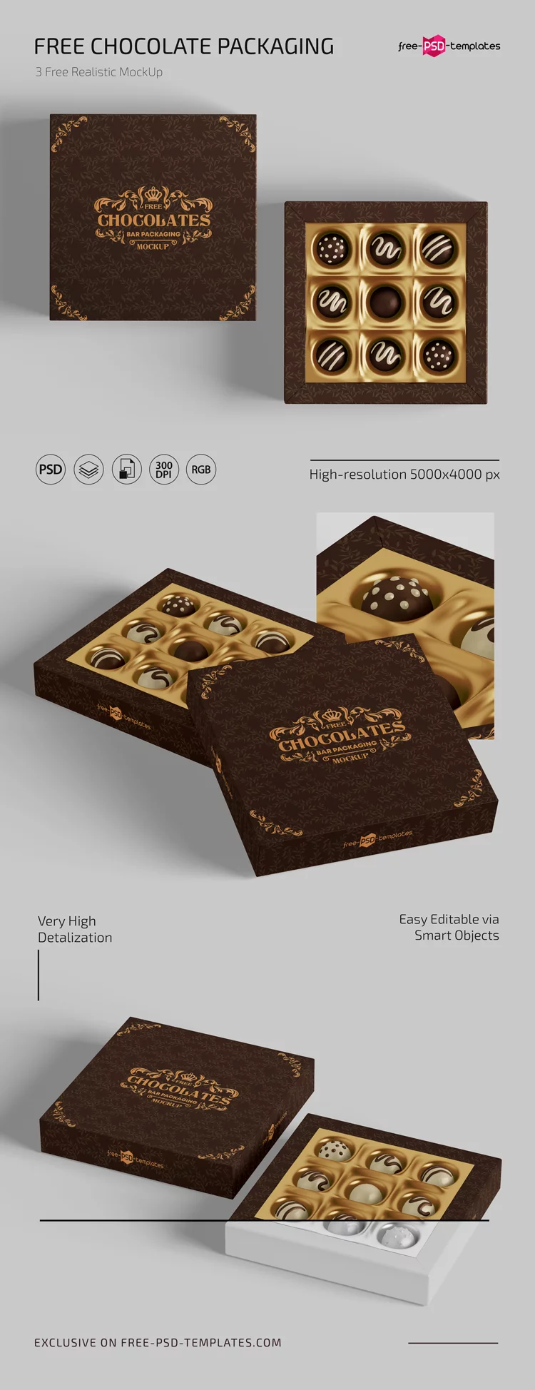 Free Chocolate Packaging Mockups in PSD