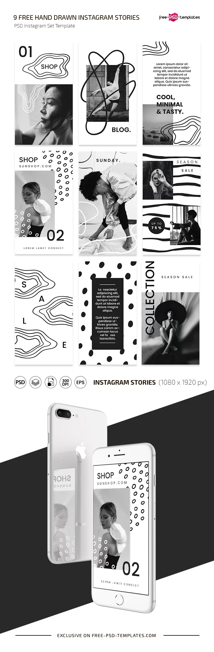 Free Hand Drawn Instagram Stories Set Templates in PSD + Vector (.ai+.eps)