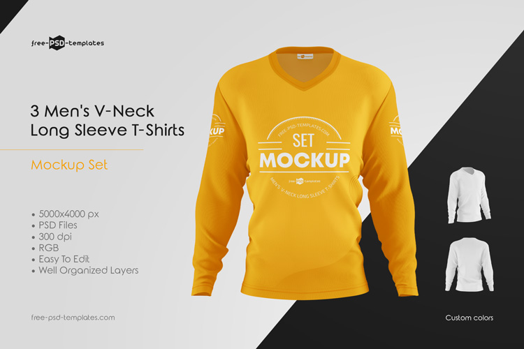 Download Men's V-Neck Long Sleeve T-Shirts MockUp Set | Free PSD ...
