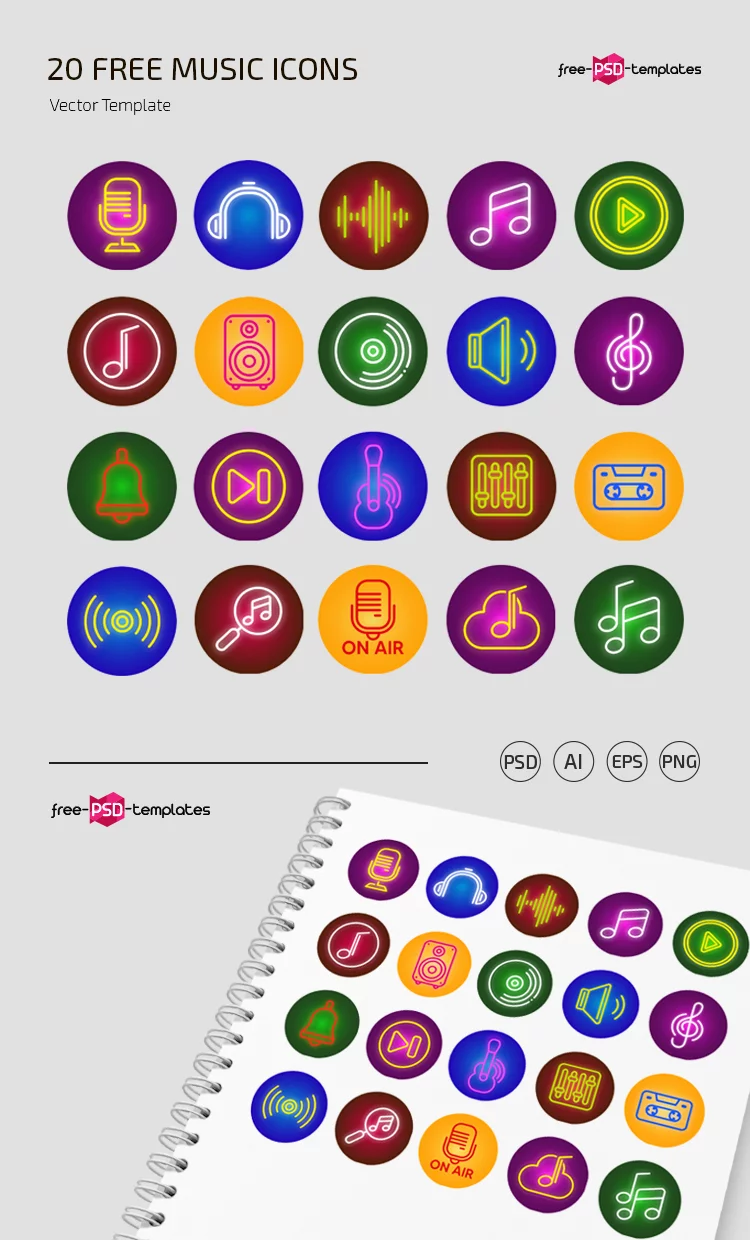 Free Music Icons set Template in PSD + Vector (.ai+.eps)