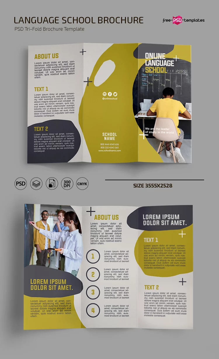 Free Language School Trifold Brochure Template in PSD