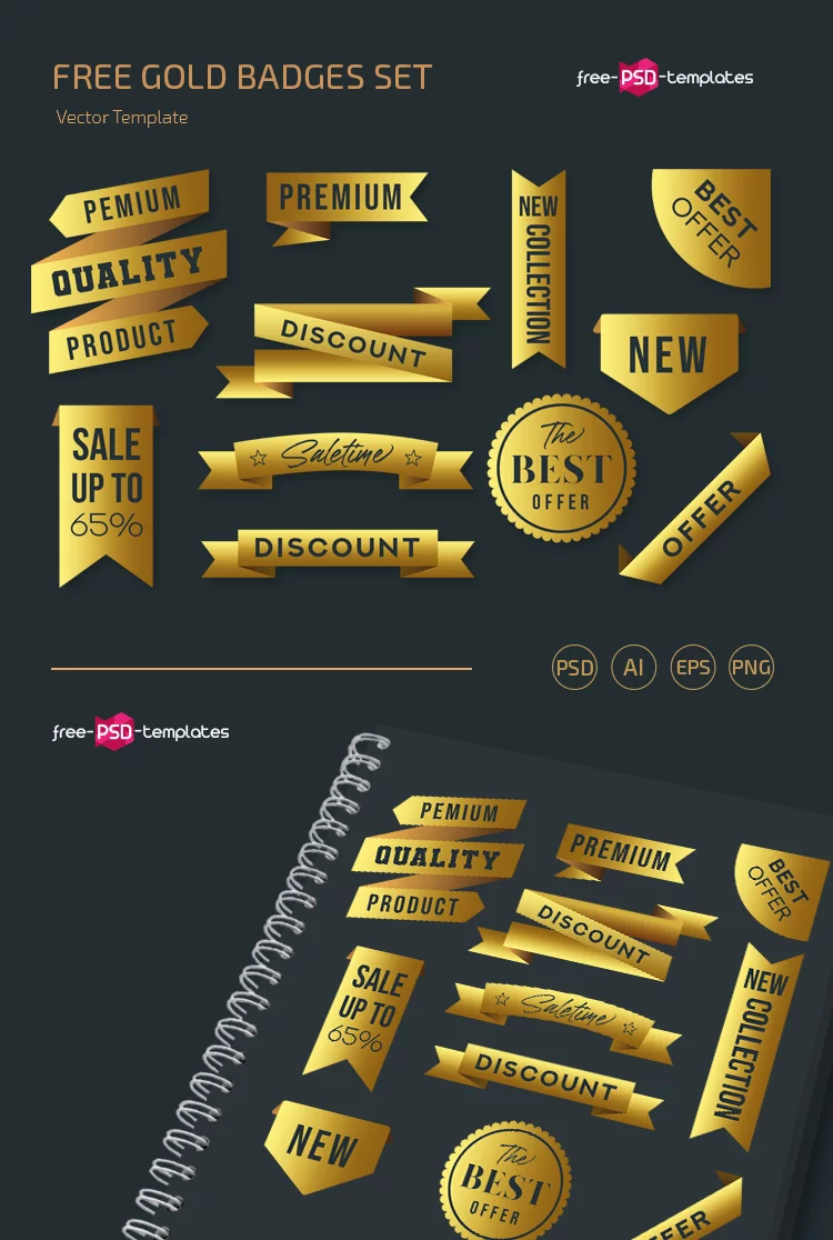 Free Gold Badges Template in PSD + Vector (.ai+.eps)