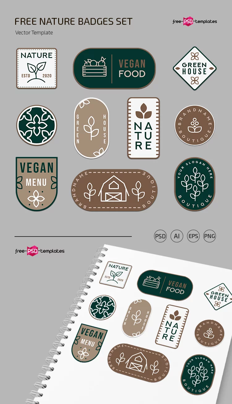 Free Nature Badges set Template in PSD + Vector (.ai+.eps)