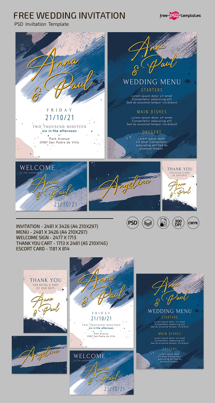 Free wedding invitations templates set photoshop